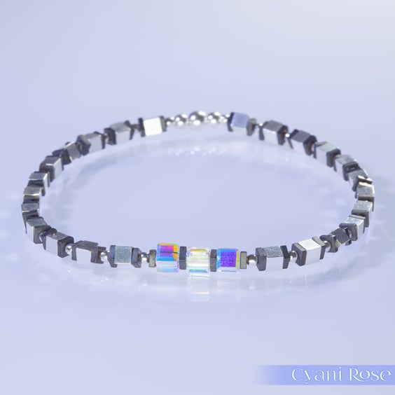 Bracelet sterling silver hematite and swarovski cubes unique handmade stretchy