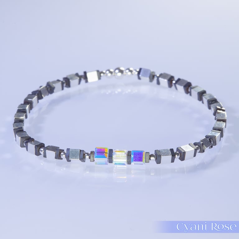 Bracelet sterling silver hematite and swarovski cubes unique handmade stretchy