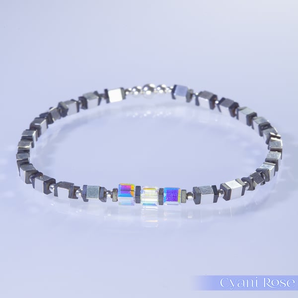 Bracelet sterling silver hematite and swarovski cubes unique handmade stretchy