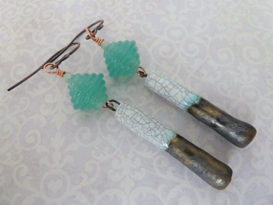 copper, green lampwork and crackle ceramic earrings