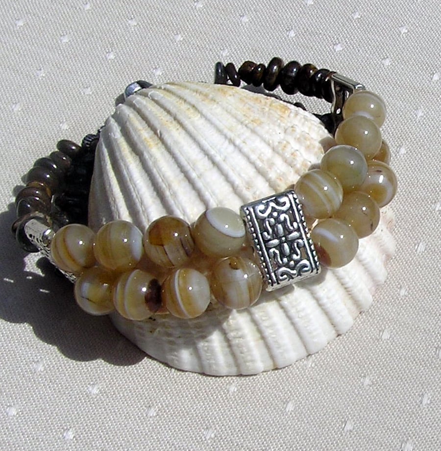 Coffee Agate & Brown Bronzite Gemstone Bracelet "Praline" - SALE PRICE