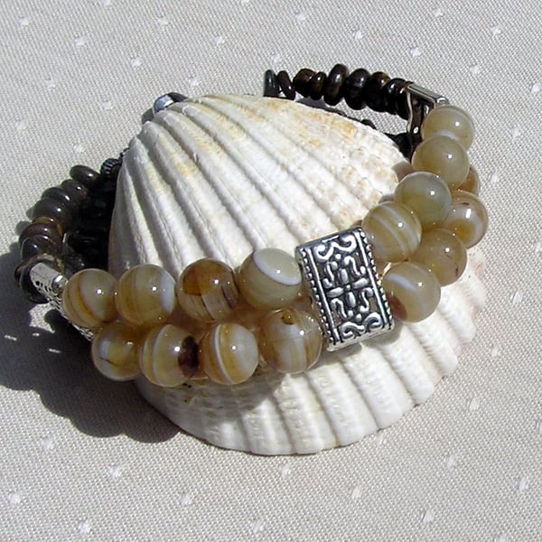 Coffee Agate & Brown Bronzite Gemstone Bracelet "Praline" - SALE PRICE