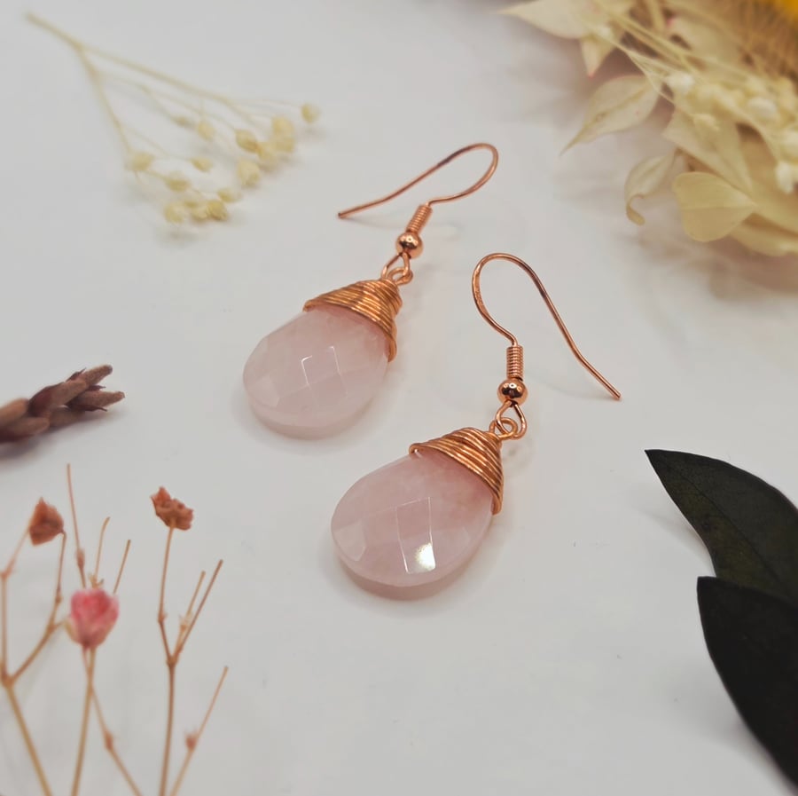 Wire-Wrapped Rose Quartz Faceted Teardrop Earrings, Sterling Silver Hooks