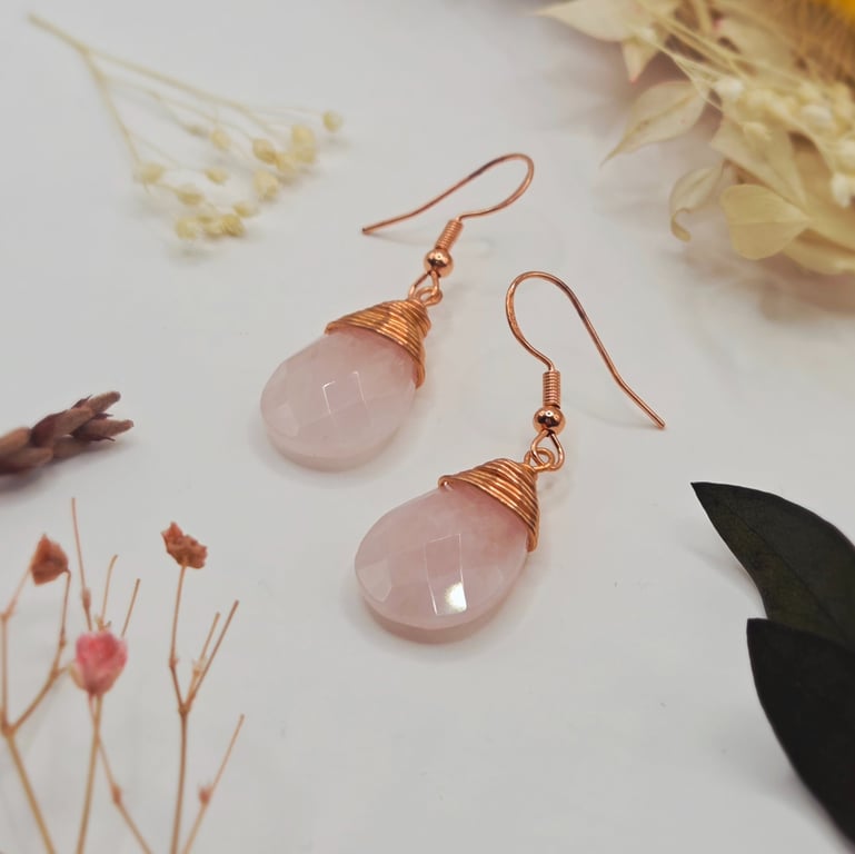 Wire-Wrapped Rose Quartz Faceted Teardrop Earrings, Sterling Silver Hooks