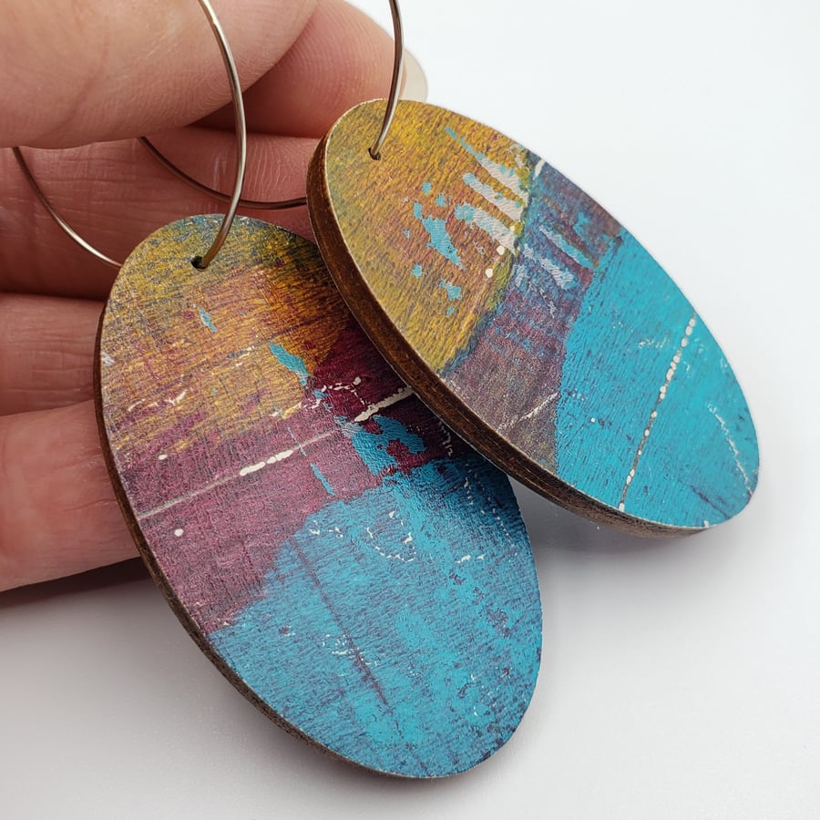 Turquoise, burgundy and ochre coloured abstract earrings