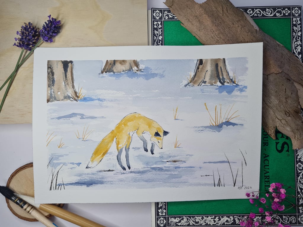 Jumping fox in the snow original watercolour painting, animal landscape art