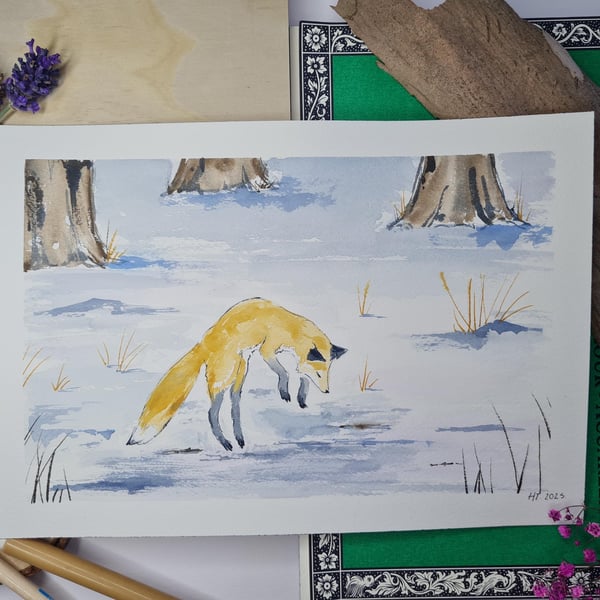 Jumping fox in the snow original watercolour painting, animal landscape art