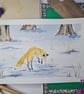 Jumping fox in the snow original watercolour painting, animal landscape art