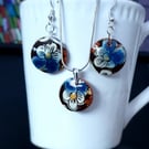 Blue Pansies - Upcycled Vintage Ceramic Pendant Necklace & Earrings Set