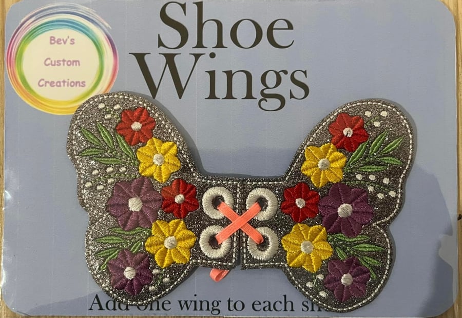 Floral butterfly Wings, Embroidered shoe,boot wings. silver