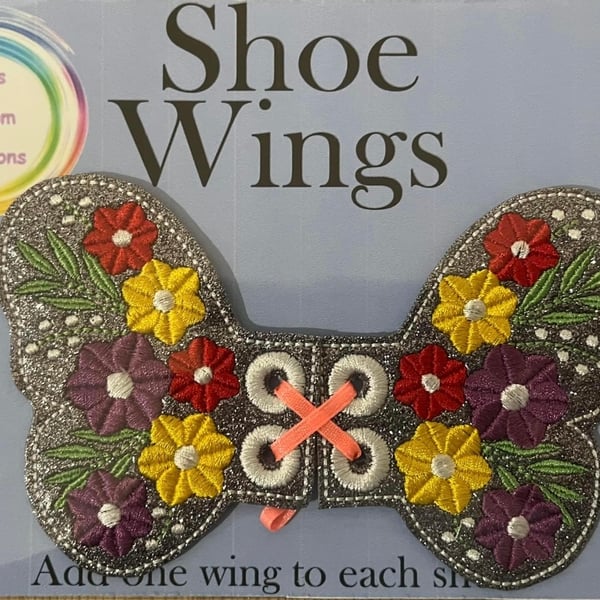 Floral butterfly Wings, Embroidered shoe,boot wings. silver