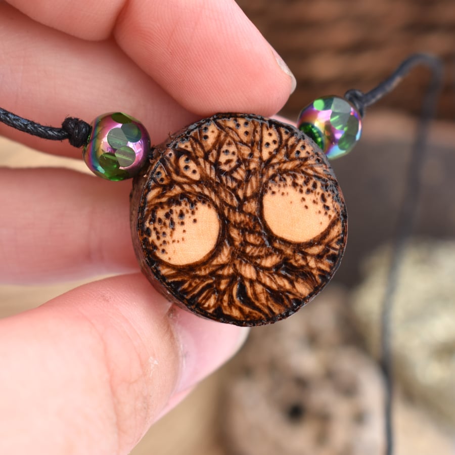 Miniature tree of life pyrography pendant. Rustic branch slice necklace. 