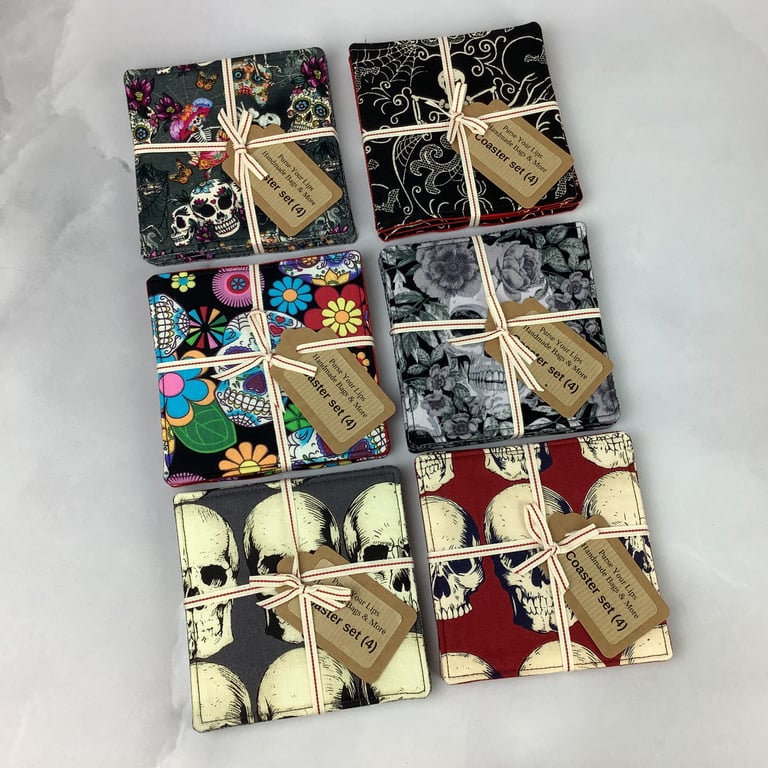 Skulls coasters, Set of 4 gothic fabric coasters, 6 options, Handmade