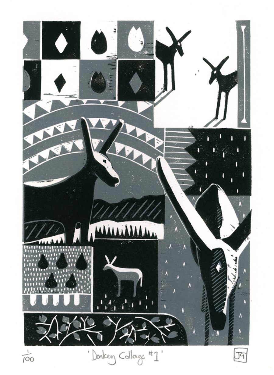 Donkey Collage No.1  two-colour linocut print