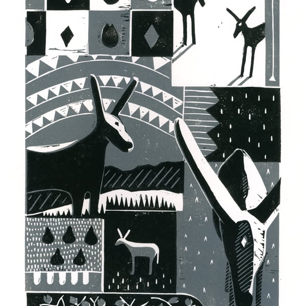 Donkey Collage No.1  two-colour linocut print