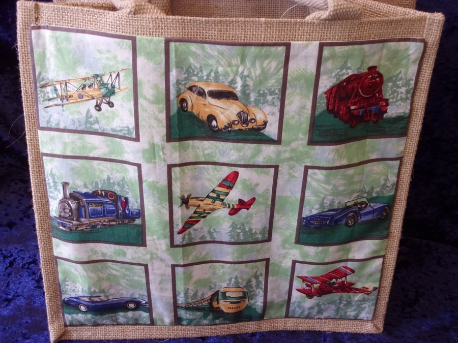 Medium Jute Bag with Planes, Trains & Automobiles Panel