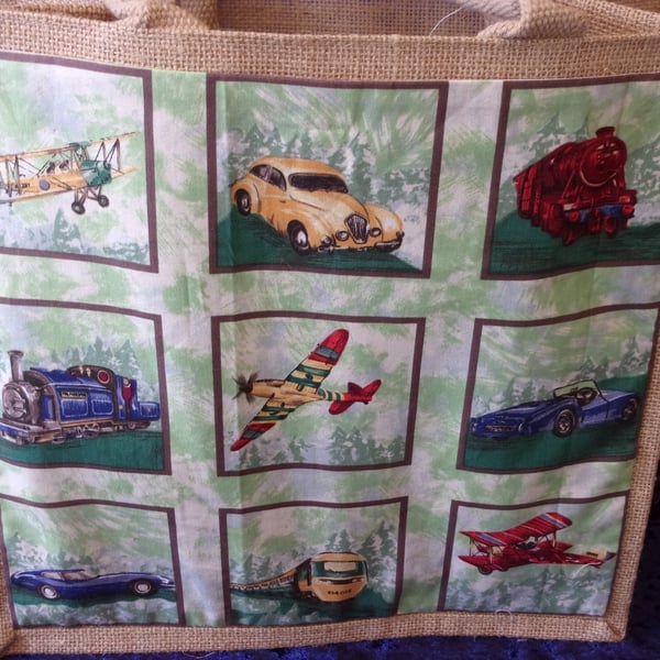 Medium Jute Bag with Planes, Trains & Automobiles Panel