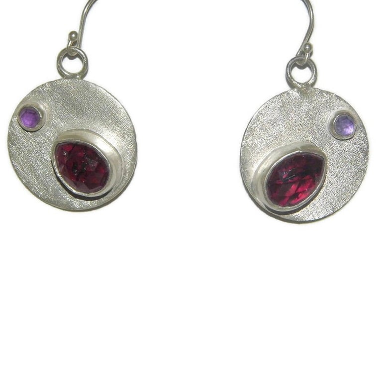 Sterling Silver Earrings with Garnet & Amethyst – Handmade