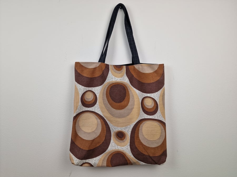Vintage 1960s 1970s geometric print fabric shoulder tote bag