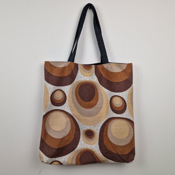 Vintage 1960s 1970s geometric print fabric shoulder tote bag