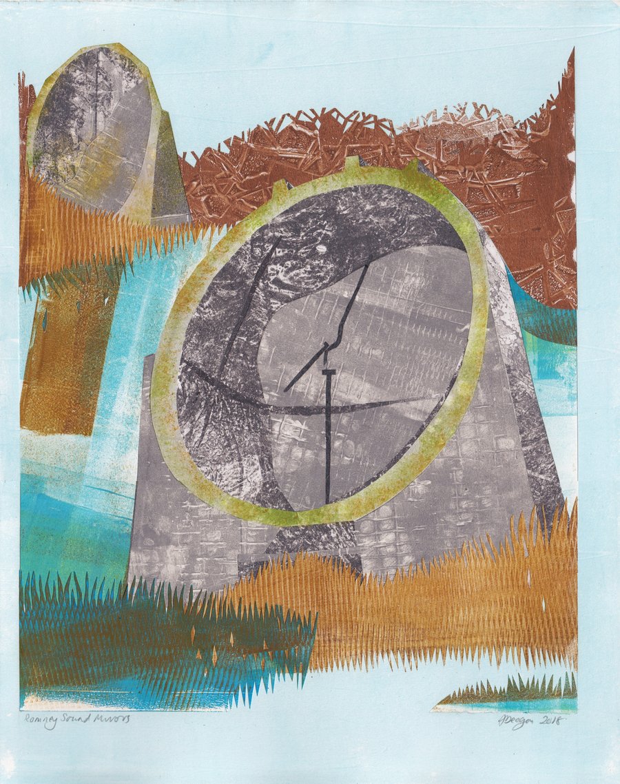 Romney Sound Mirrors - CONCRETE MILITARY LANDSCAPE COLLAGE MONOPRINT