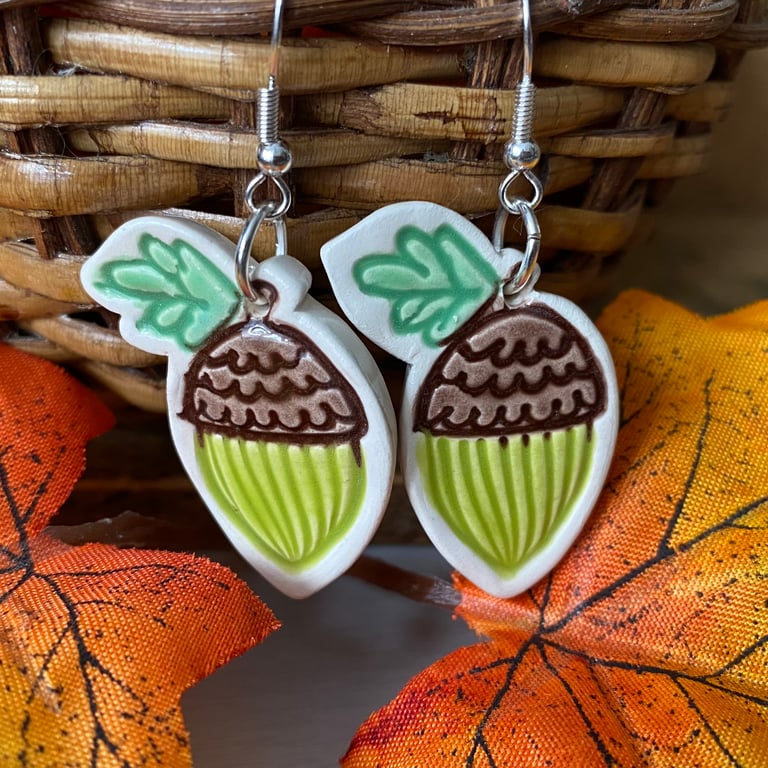 Handmade ceramic acorn earrings