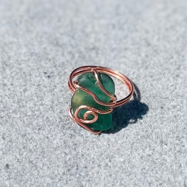 Wire Wrapped Copper Scottish Sea Glass Ring (Size R)