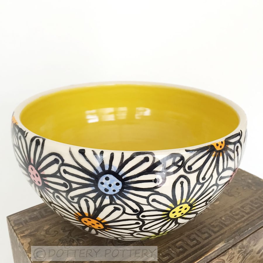 Large hand thrown bowl floral design ceramic pot pottery bowl flower
