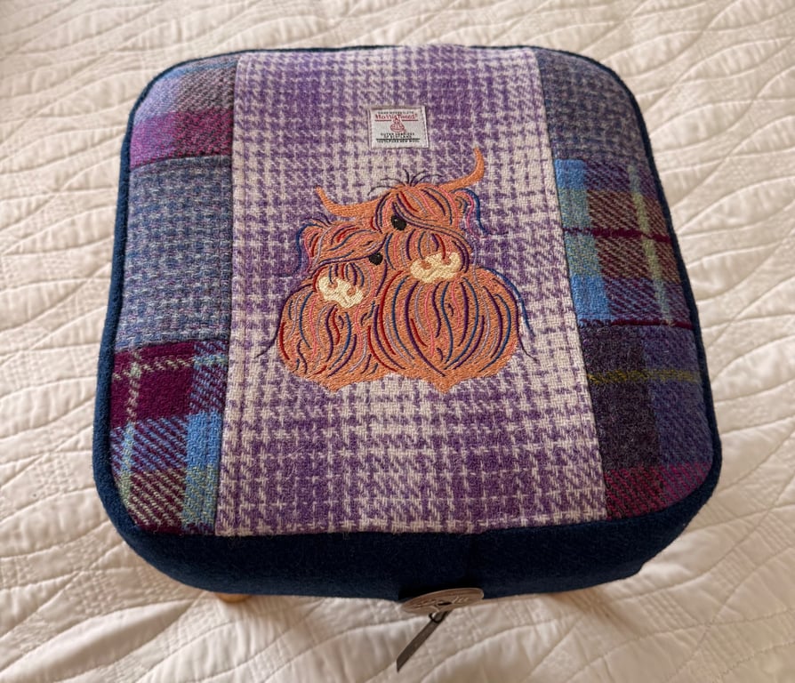 Harris Tweed Foot Stool with Highland Coo Embroidery