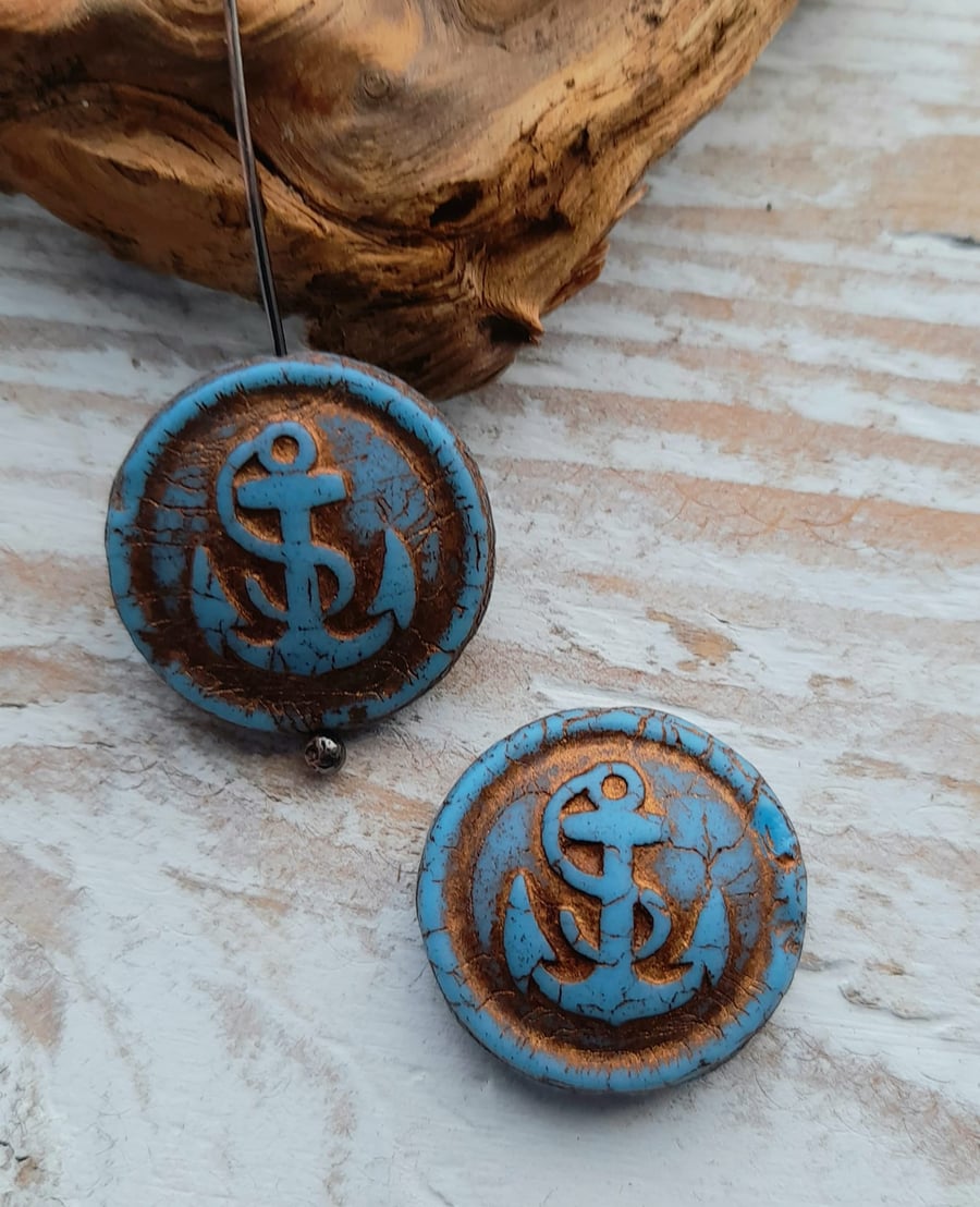 Czech Glass Anchor Coin Beads, Blue, 2 Beads, Pair