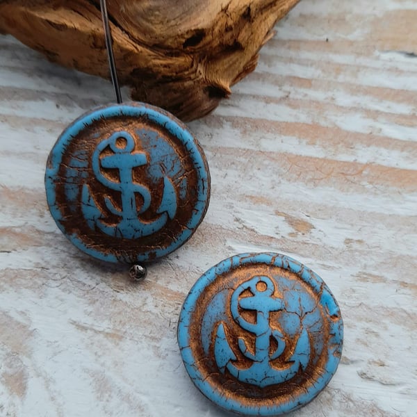 Czech Glass Anchor Coin Beads, Blue, 2 Beads, Pair