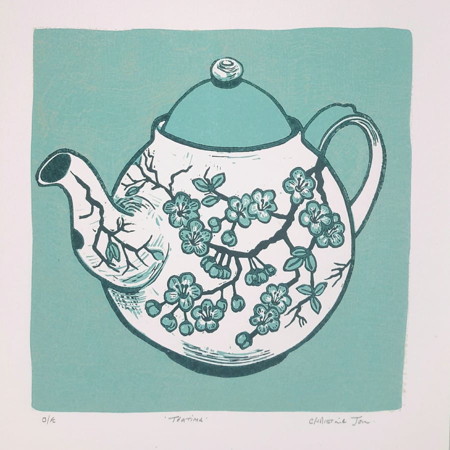 Turquoise Teapot linocut 'Teatime'  Tea lovers gift