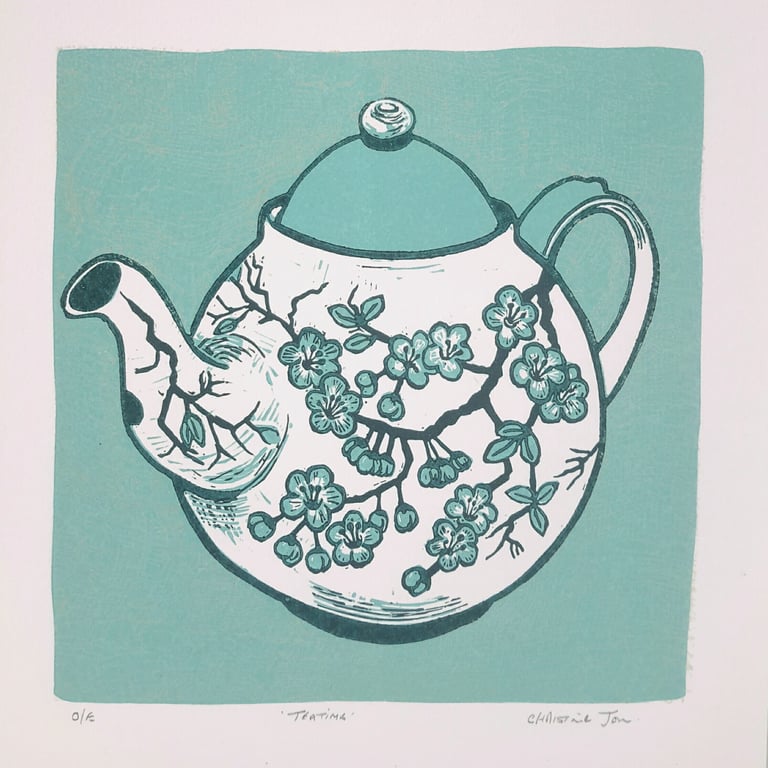 Turquoise Teapot linocut 'Teatime'  Tea lovers gift