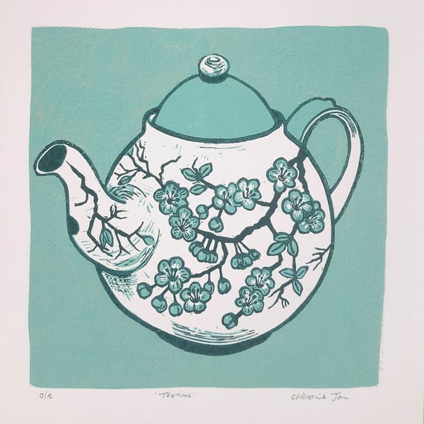 Turquoise Teapot linoprint 'Teatime'