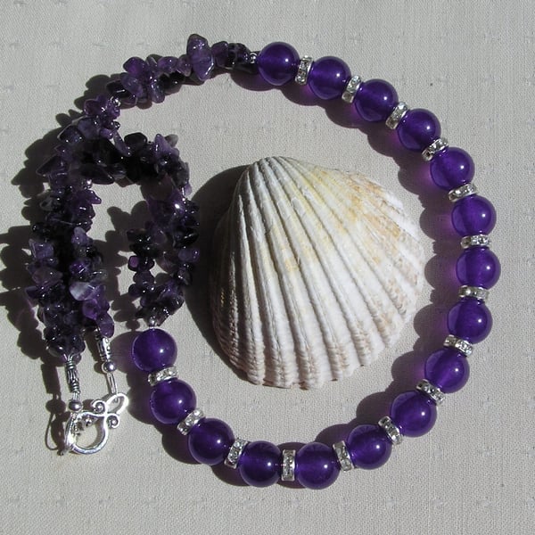 Purple Amethyst Crystal Gemstone Beaded Statement Necklace "Violet Shimmer"