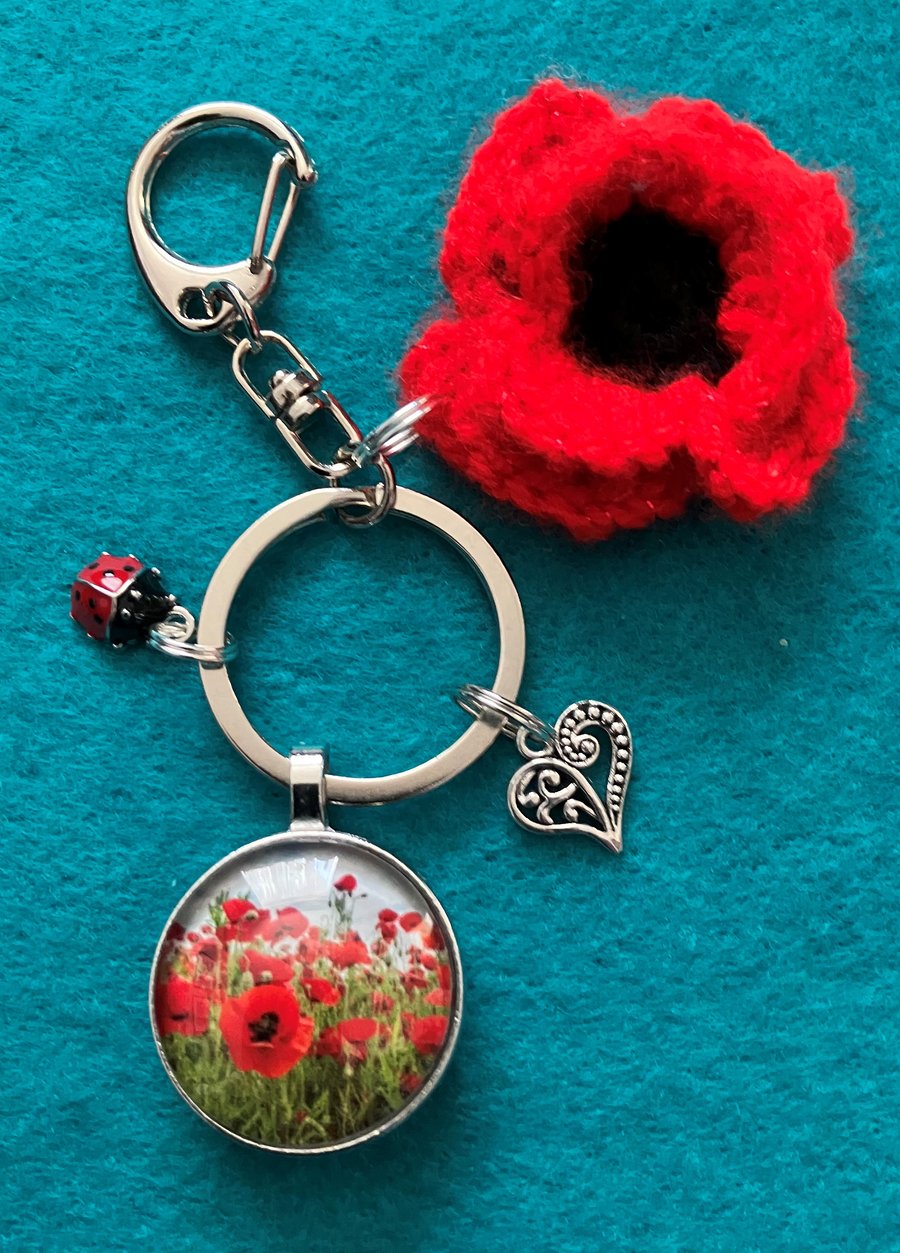Red poppy keyring with Bag clip