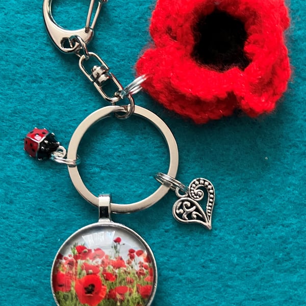 Red poppy keyring with Bag clip