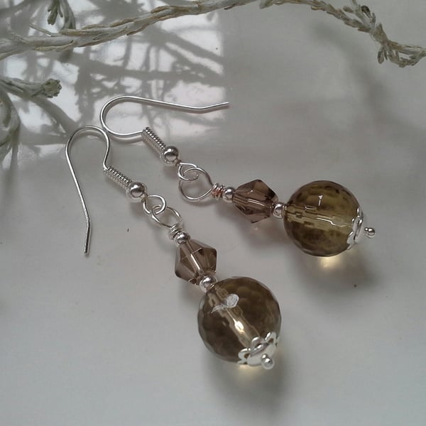 Faceted Smokey Quartz Silver Plate Earrings