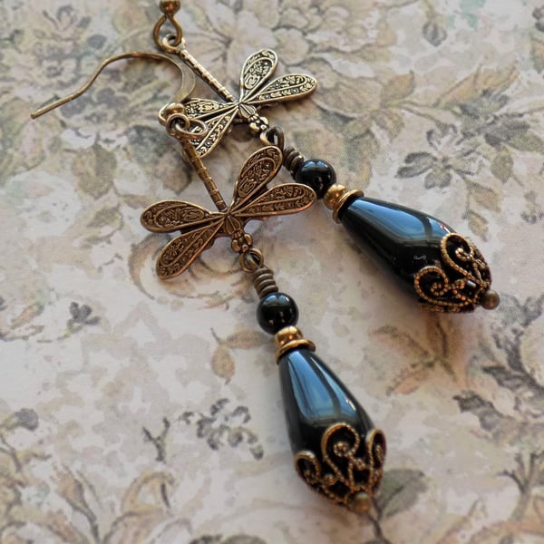 Dark Green Crystal Pearl and Dragonfly Drop Earrings, Art Nouveau Vintage Style 