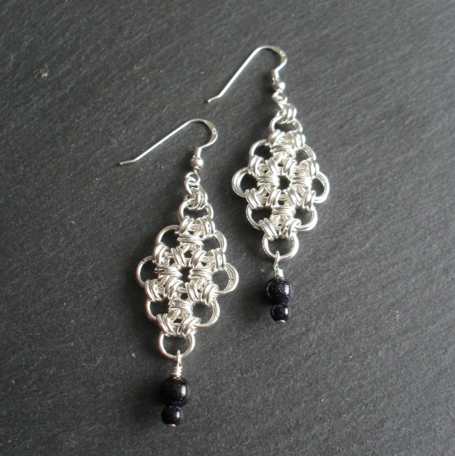 Chainmaille Earrings With Blue Goldstone Sterling Silver Ear Wires