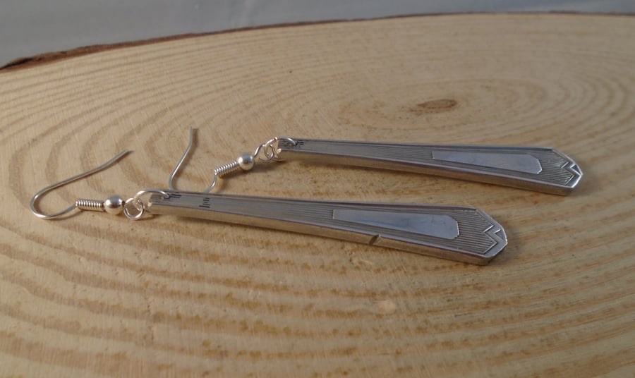 Upcycled Silver Plated Geometric Sugar Tong Handle Drop Earrings SPE071903