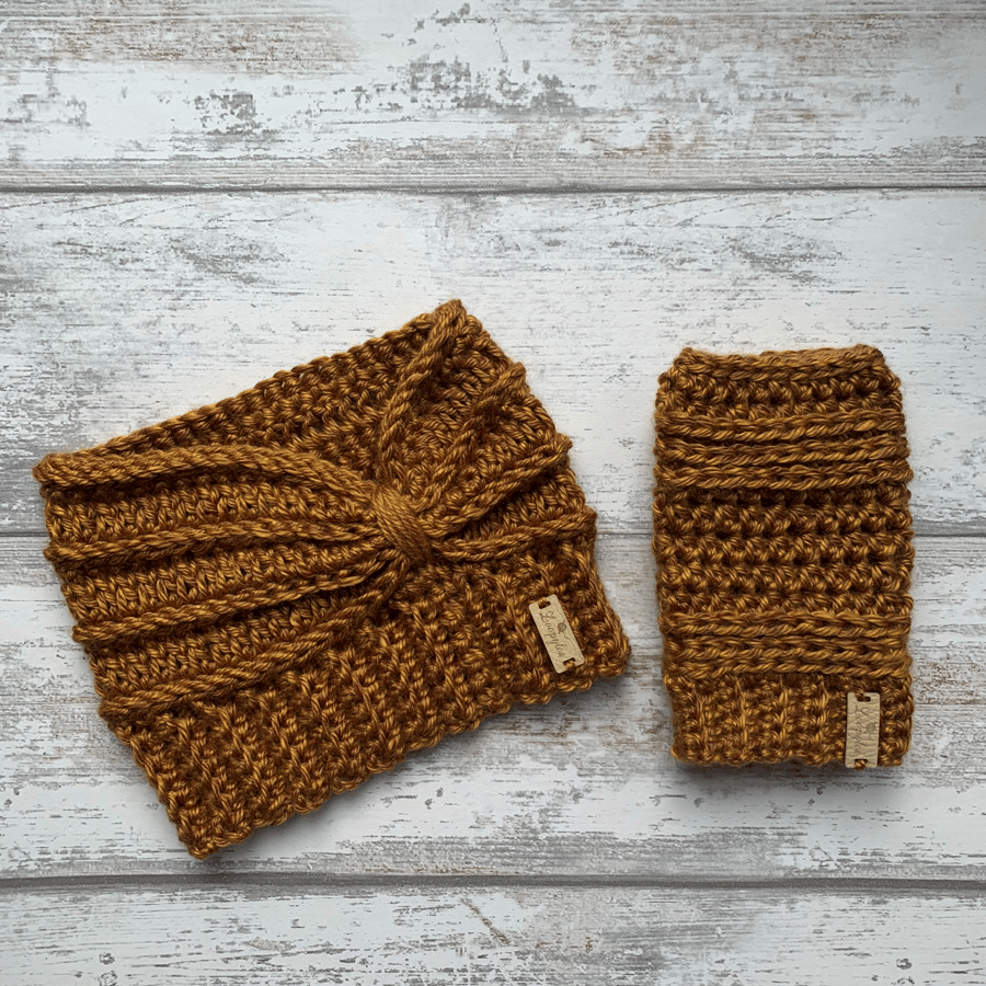 Handmade crochet ear warmer headband and fingerless glove set in ochre mustard