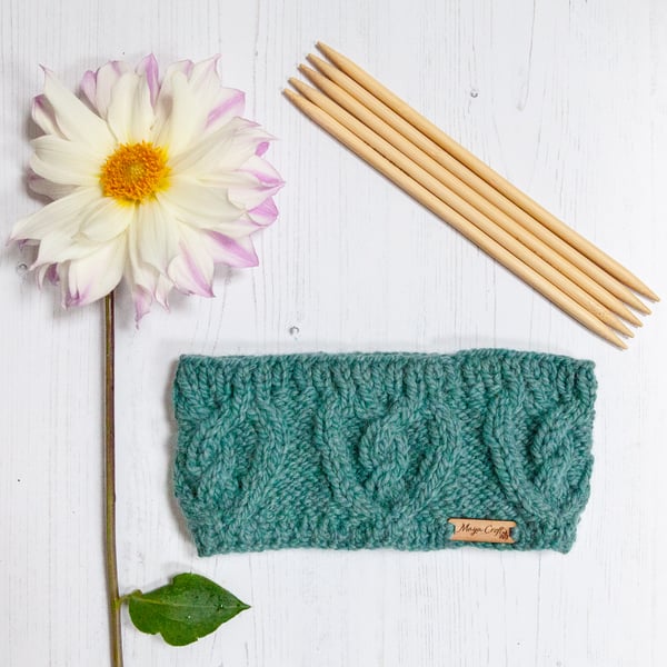 Alpaca cable headband, chunky hand knitted ear warmer in Sea Green