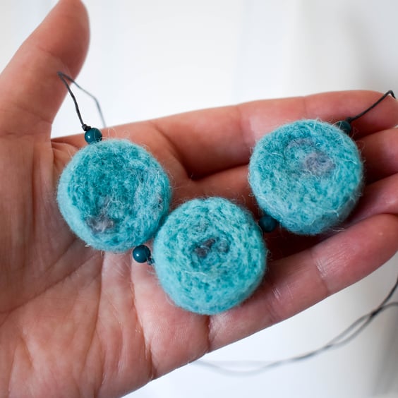 Felted bead necklace in turquoise and grey wool
