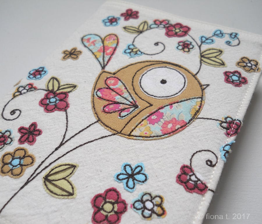 freemotion embroidered fabric notebook sketchbook cover floral bird - mustard