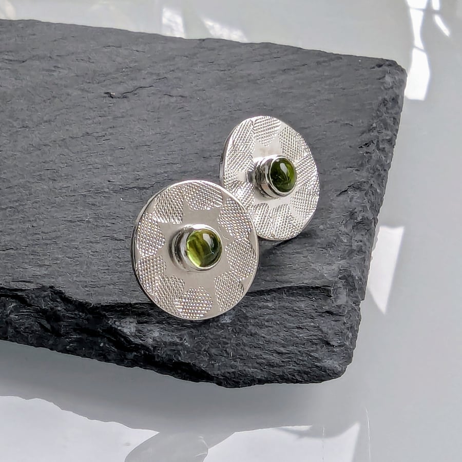 Recycled Sterling Silver Peridot Textured Disc Stud Earrings