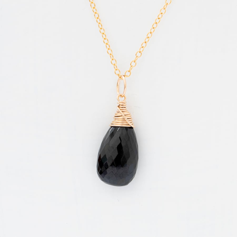 Black Spinel Briolette Pendant on Gold Chain