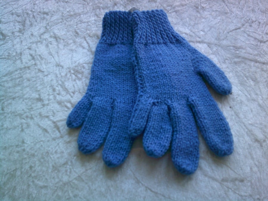 Hand Knitted Childs Blue Gloves