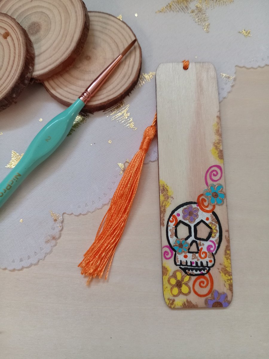 Wooden sugar skull bookmark 