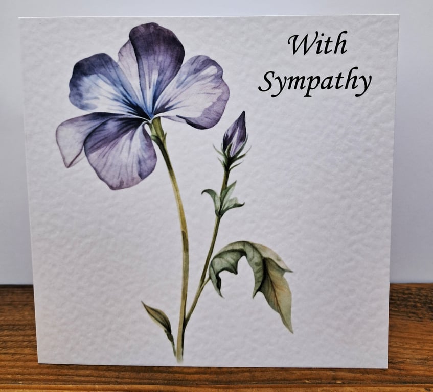 C6726   With Sympathy Card, Hammered Card, Blue and Mauve Flower,